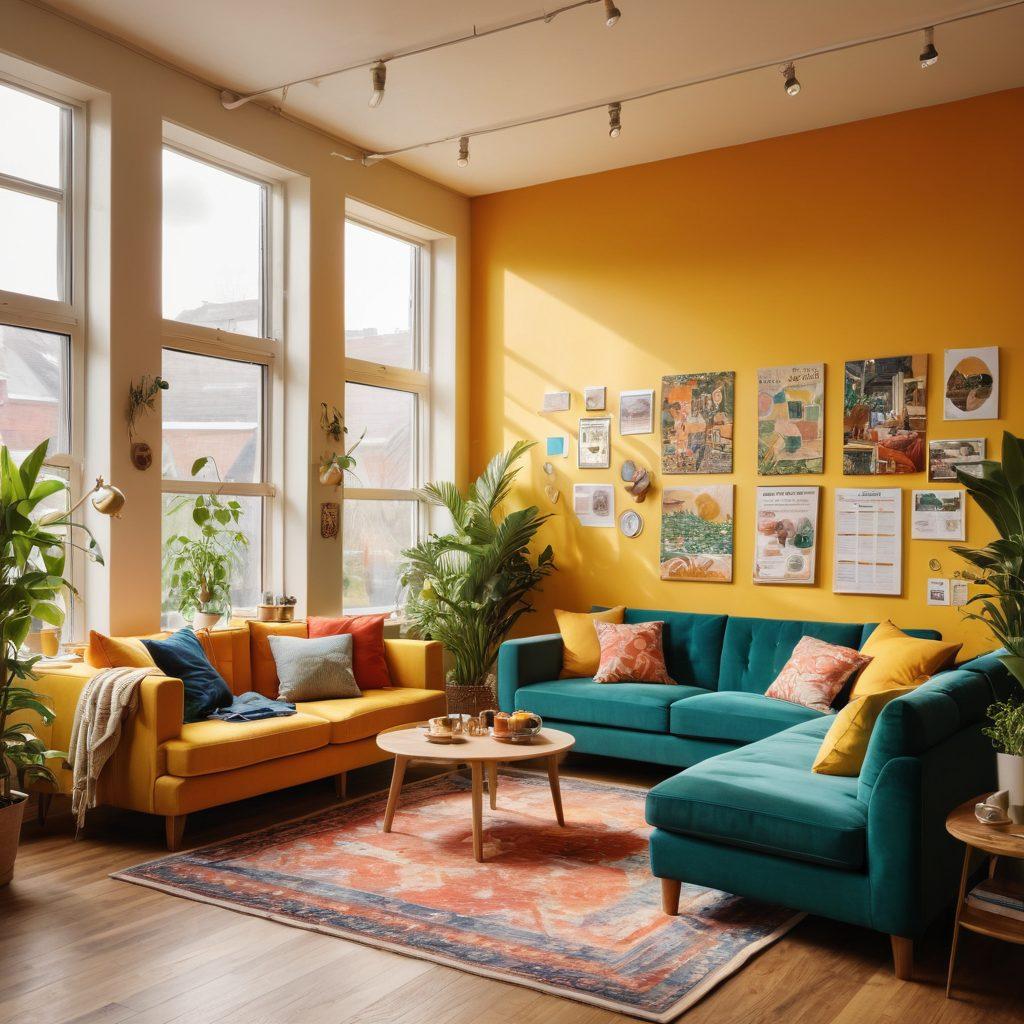 A welcoming co-living space featuring a diverse group of people engaging in communal activities, such as cooking, working, and relaxing together in a cozy living room filled with modern decor and plants. Sunlight streaming through large windows creates a warm atmosphere, highlighting the sense of community and collaboration. Include elements that symbolize shared experiences, like board games or a community notice board. vibrant colors. super-realistic. cozy ambiance.