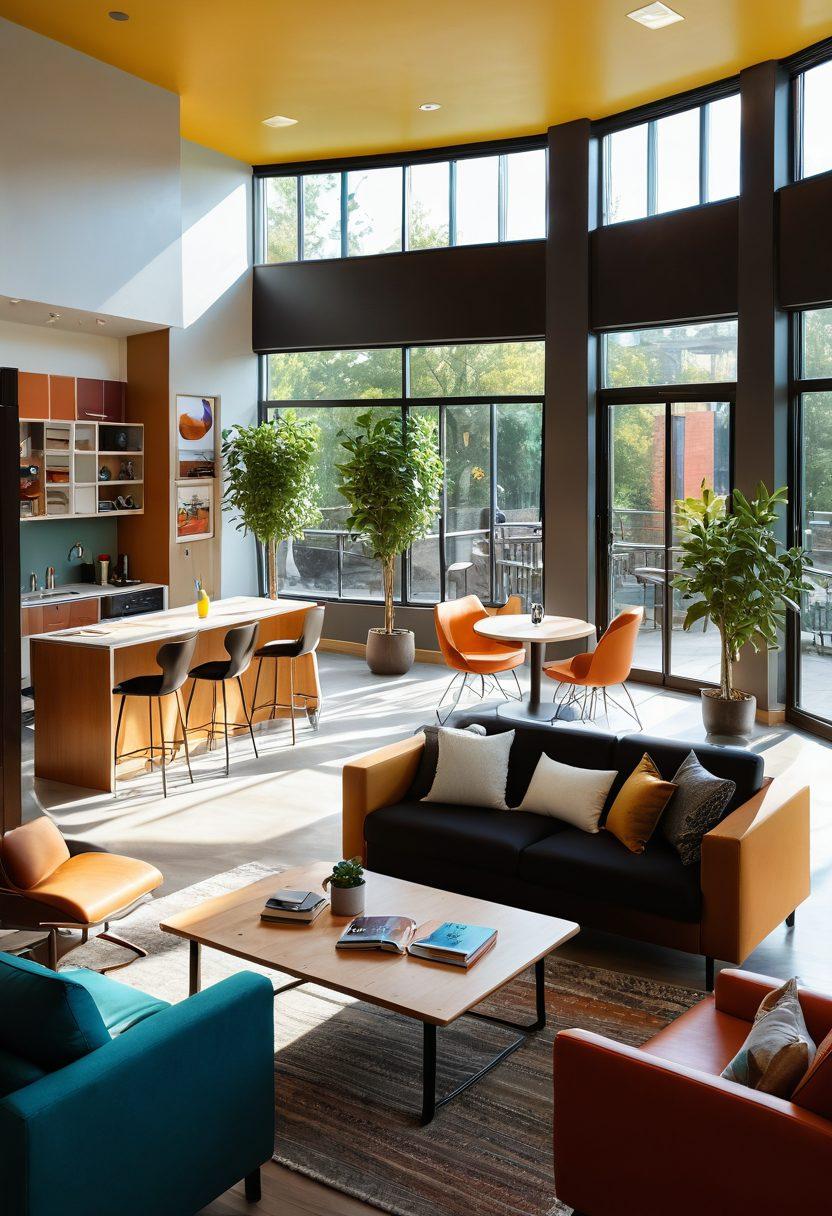 A cozy, inviting student housing environment featuring diverse students socializing in a communal space with modern furniture, greenery around, and friendly faces. Include elements like study areas, decorations that reflect community living, and a glimpse of a nearby urban backdrop. Warm sunlight streaming through the windows enhances the atmosphere of collaboration and comfort. vibrant colors. super-realistic.
