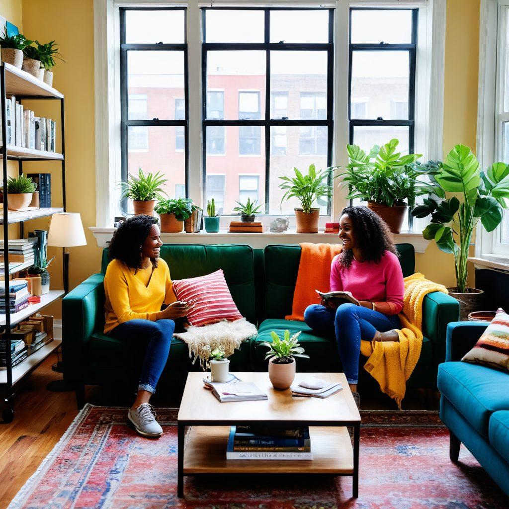A cozy and inviting living space with two diverse roommates laughing and enjoying each other’s company, surrounded by colorful decor and shared belongings. Include elements like a coffee table with books, a trendy sofa, and house plants to evoke a warm atmosphere. The background should feature a bright window letting sunlight in, creating a cheerful vibe. super-realistic. vibrant colors. warm lighting.